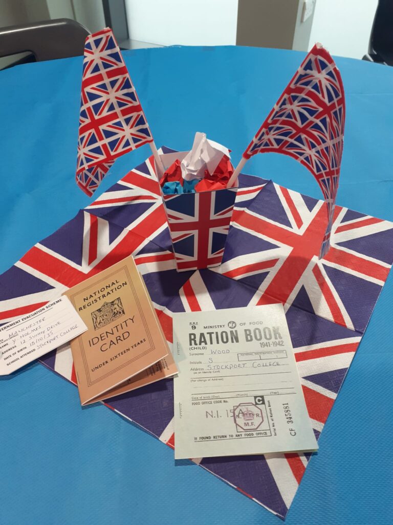 British flag table decorations with example ration books and identity cards