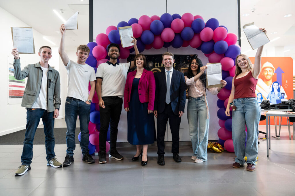 (left to right) T Level students Daniel Burslem, Callum Hitchen and Ali Imran, Bridget Phillipson, Secretary of State for Education, Connor Rand, MP for Altrincham and Sale West, and A Level students Maedeh Zare and Eden Milner.